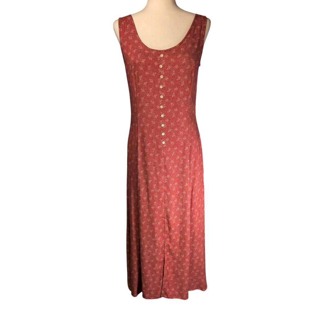 VTG 90s Red Floral Button Cottage Core Slit Midi Dress Cotton Ginny Canada Med